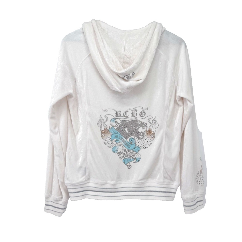 Vintage Y2K bebe Womens White Velour Zip Hoodie Rhinestone Tattoo Graphic L